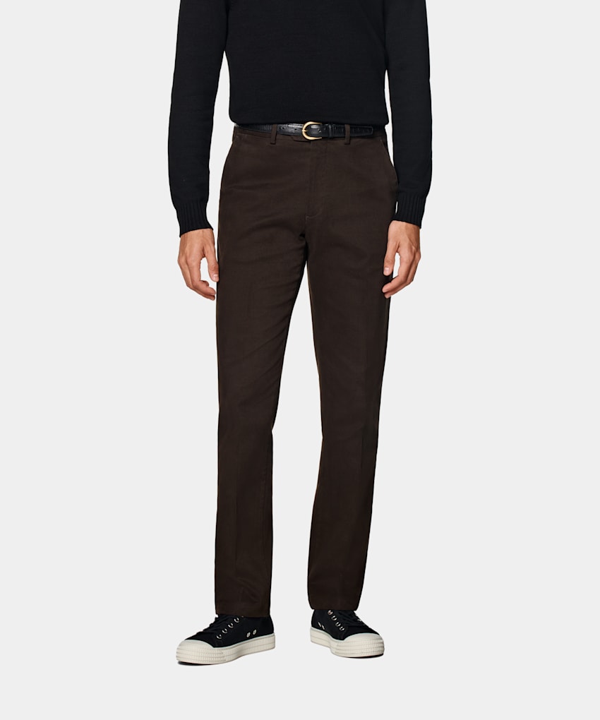 SUITSUPPLY All Season Stretch Cotton by Cervotessile, Italy Dark Brown Slim Leg Straight Chinos