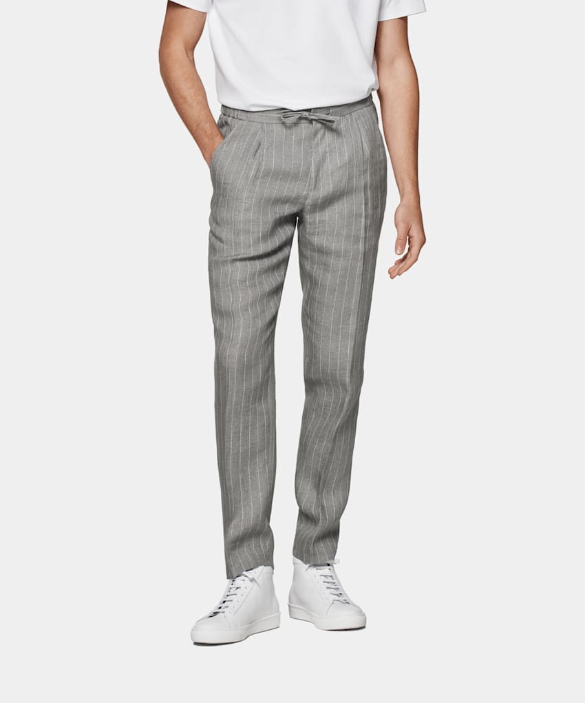 SUITSUPPLY Pure Linen by Subalpino, Italy  Light Grey Striped Drawstring Ames Pants