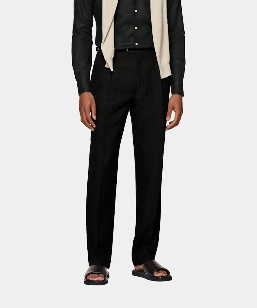 SUITSUPPLY Pure Linen by Rogna, Italy Black Pleated Duca Trousers