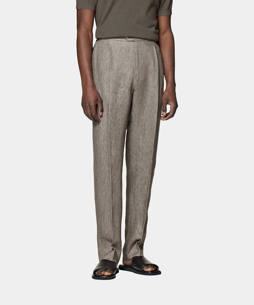 SUITSUPPLY Pure Linen by Solbiati, Italy  Taupe Pleated Duca Pants