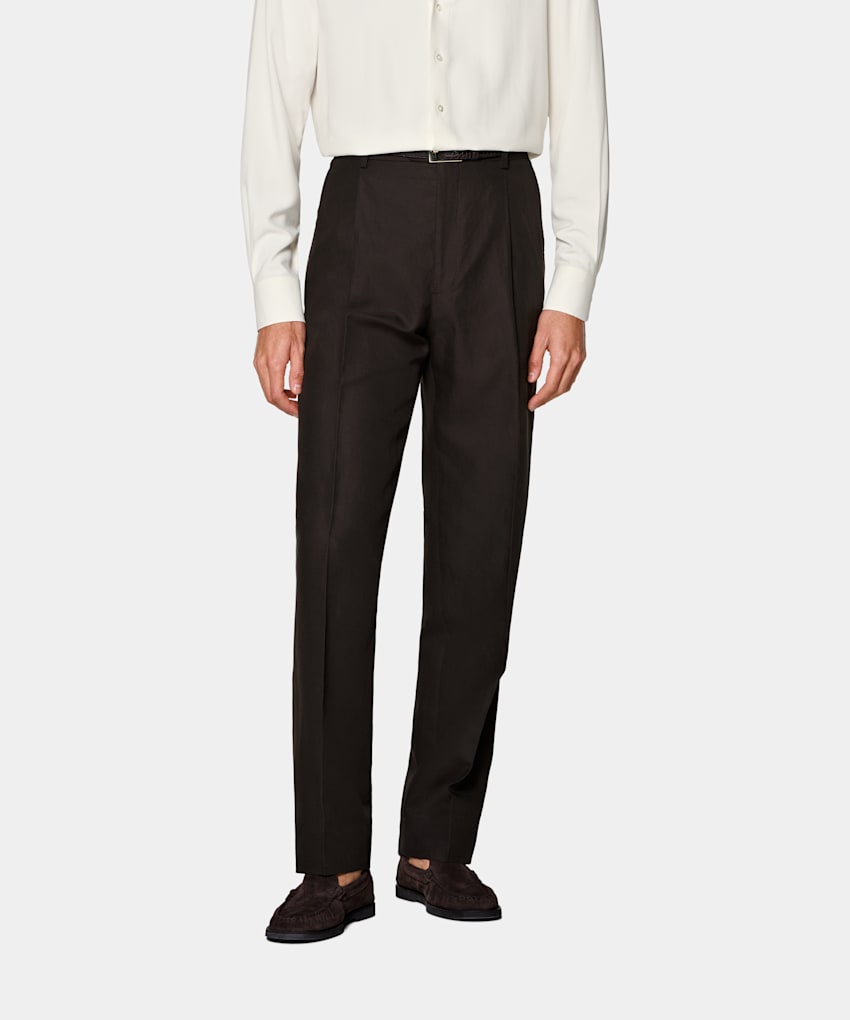SUITSUPPLY Summer Lyocell Linen Cotton by Di Sondrio, Italy Dark Brown Wide Leg Straight Trousers