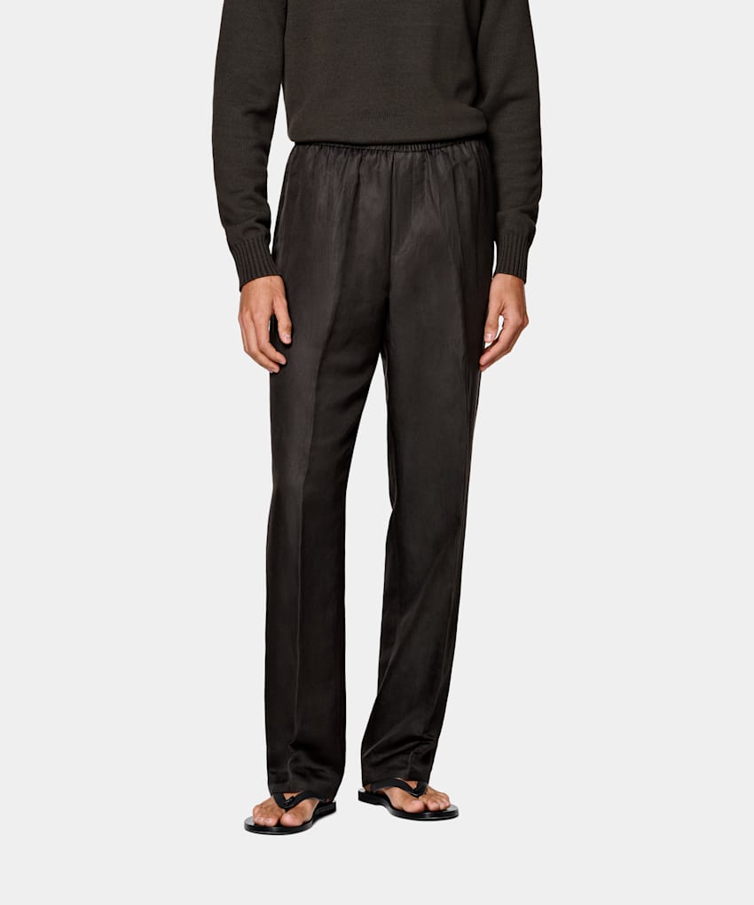 SUITSUPPLY Summer Linen Silk by Beste, Italy Dark Brown Wide Leg Straight Trousers