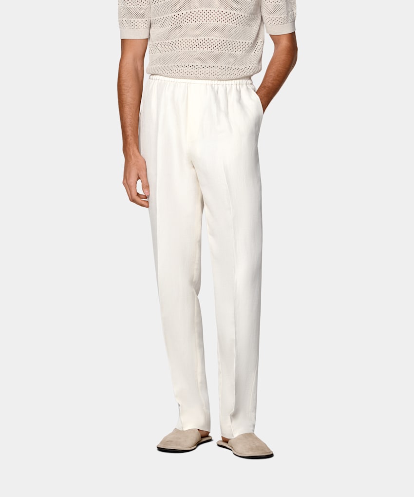 SUITSUPPLY Lato Len/jedwab od Beste, Włochy Spodnie wide leg straight w odcieniu bieli