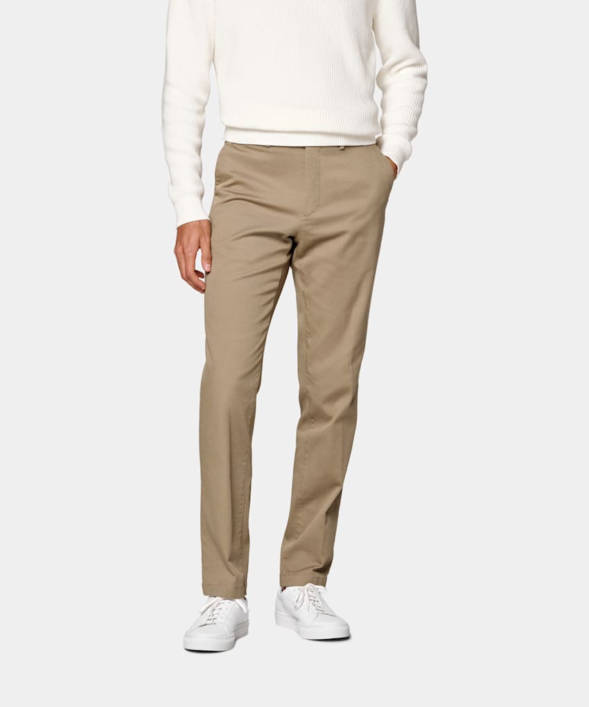 SUITSUPPLY All Season Stretch Cotton by Cervotessile, Italy Light Brown Slim Leg Straight Chinos