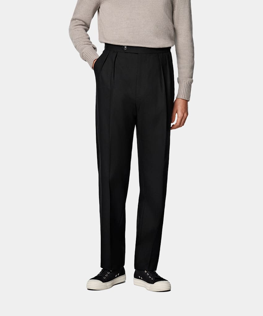 SUITSUPPLY All Season Wrinkle-Free 4-Ply Wool by Rogna, Italy  Black Wide Leg Tapered Pants