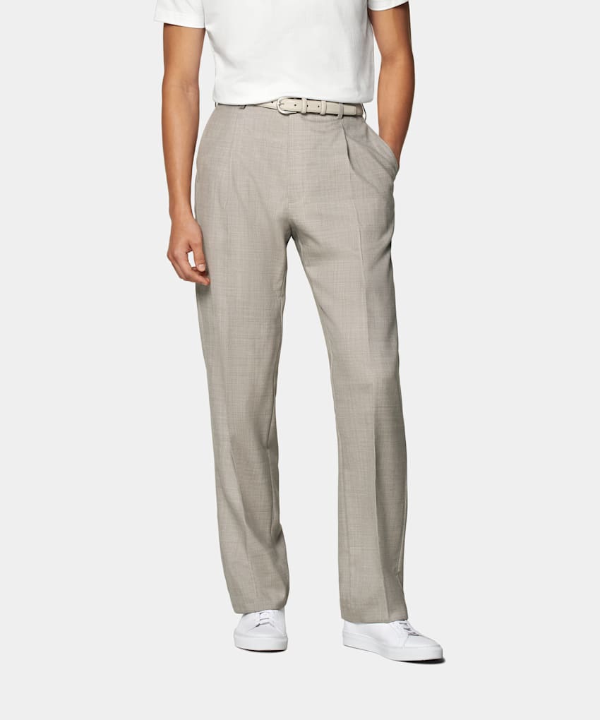 SUITSUPPLY Pure S110's Wool by Vitale Barberis Canonico, Italy Light Taupe Wide Leg Straight Trousers