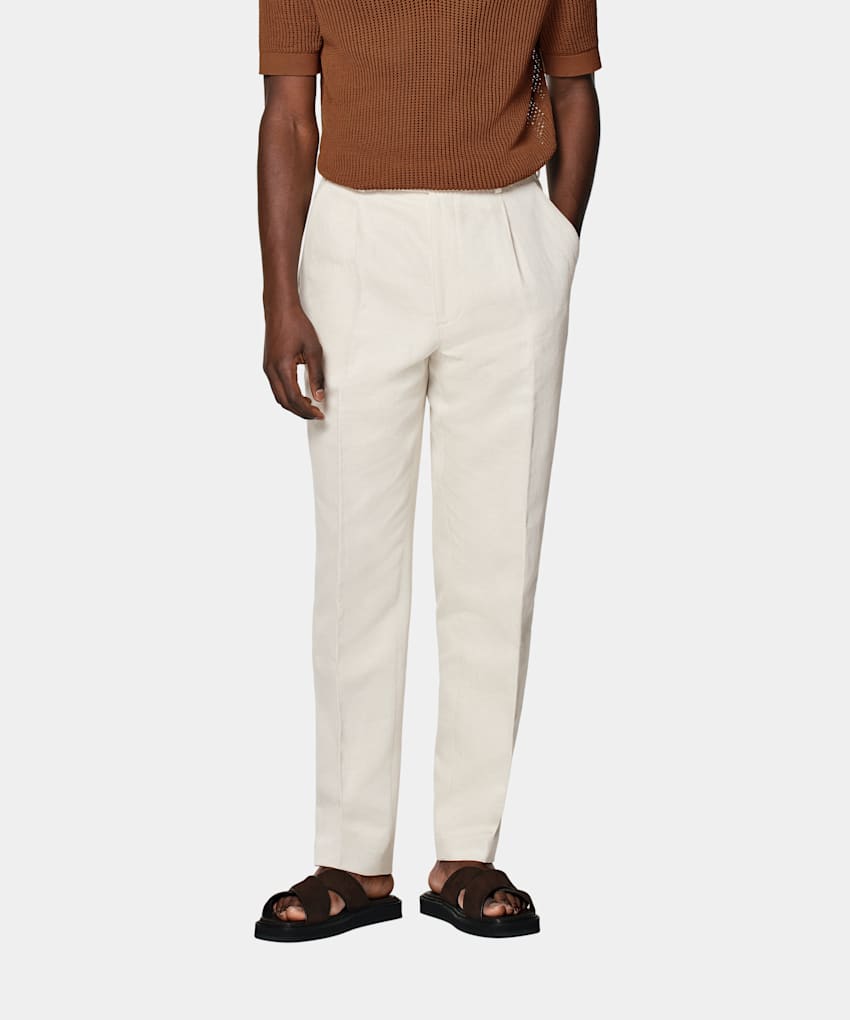 SUITSUPPLY Summer Cotton Linen by Di Sondrio, Italy Sand Wide Leg Tapered Trousers