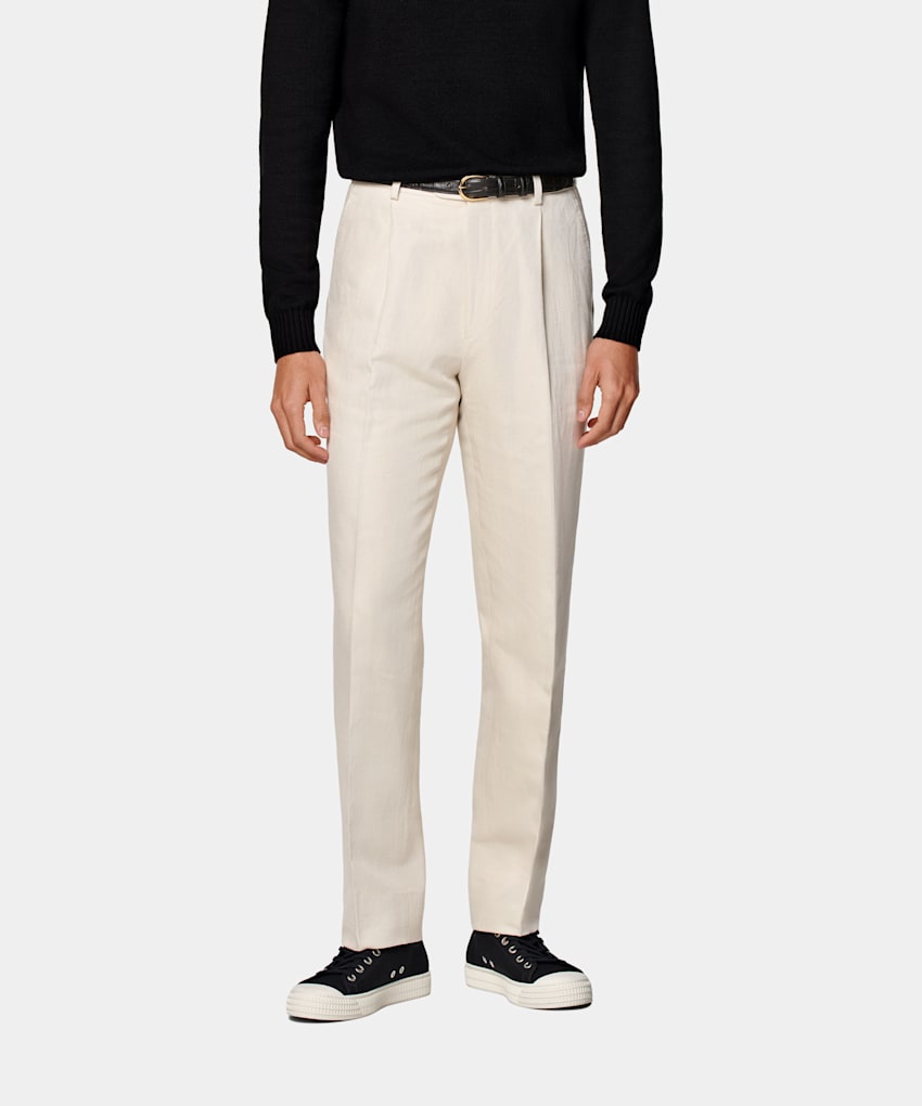 SUITSUPPLY Summer Cotton Linen by Di Sondrio, Italy Sand Wide Leg Tapered Trousers