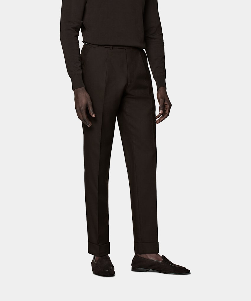 SUITSUPPLY Pure 4-Ply Traveller Wool by Rogna, Italy Dark Brown Slim Leg Tapered Vigo Trousers