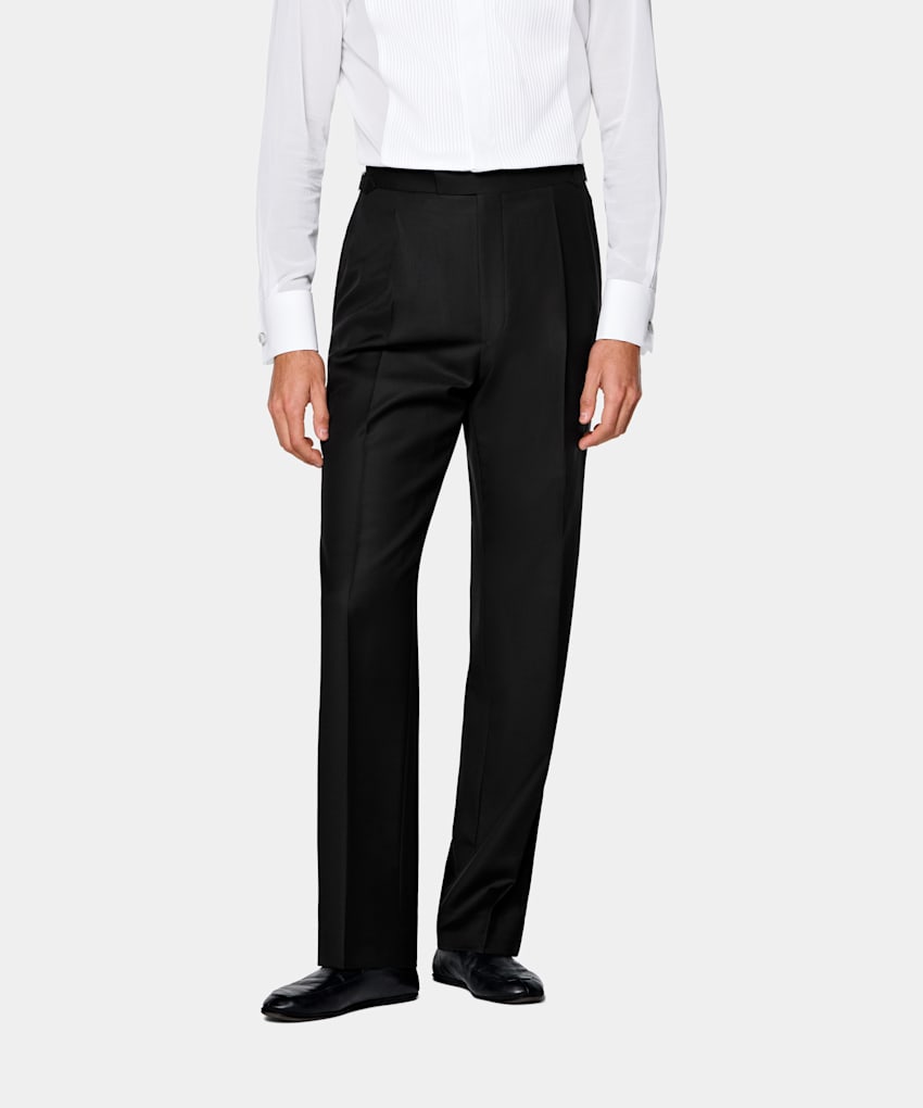 SUITSUPPLY All Season Pure S110's Wool by Vitale Barberis Canonico, Italy Black Wide Leg Straight Tuxedo Trousers