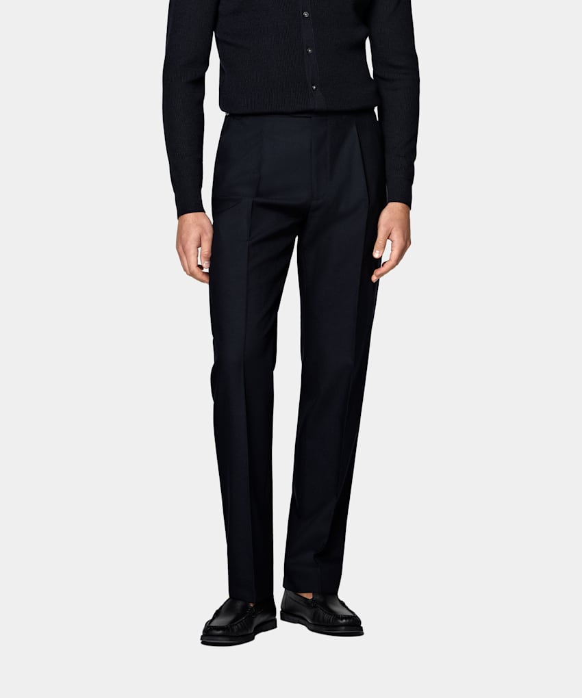 SUITSUPPLY All Season Wrinkle-Free 4-Ply Wool by Rogna, Italy Navy Wide Leg Tapered Suit Trousers