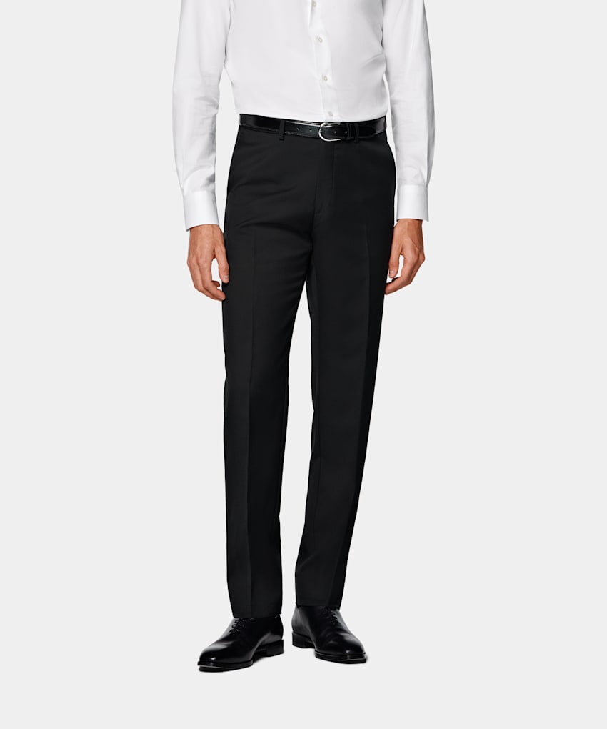 Black Slim Leg Straight Suit Trousers in Pure Wool