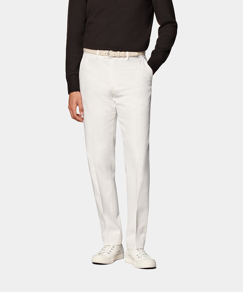 SUITSUPPLY All Season Stretch Cotton by Cervotessile, Italy Off-White Slim Leg Straight Chinos