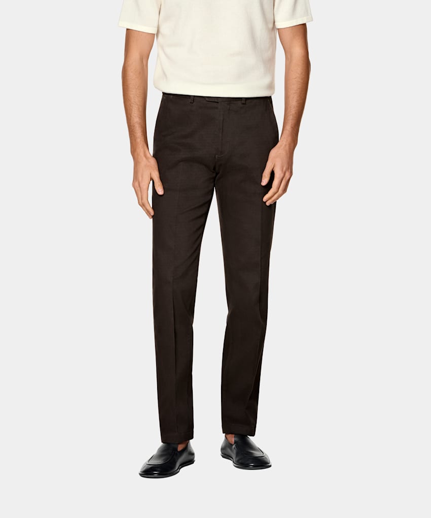 SUITSUPPLY All Season Stretch Cotton by Cervotessile, Italy Dark Brown Slim Leg Straight Chinos