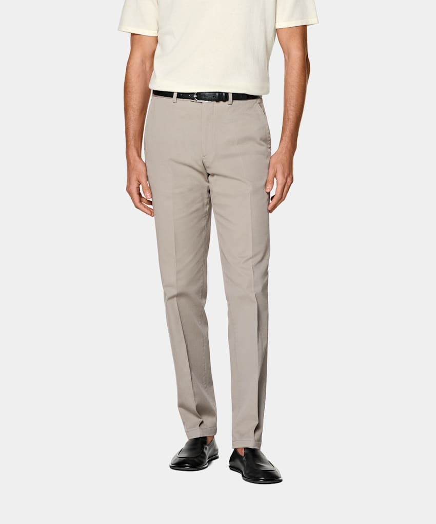 SUITSUPPLY All Season Stretch Cotton by Cervotessile, Italy Taupe Slim Leg Straight Chinos