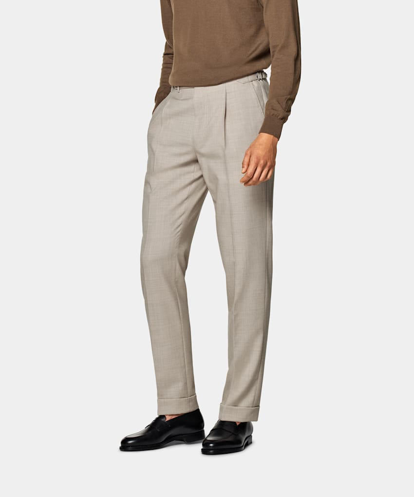 SUITSUPPLY Pure 4-Ply Traveller Wool by Rogna, Italy  Sand Pleated Vigo Pants