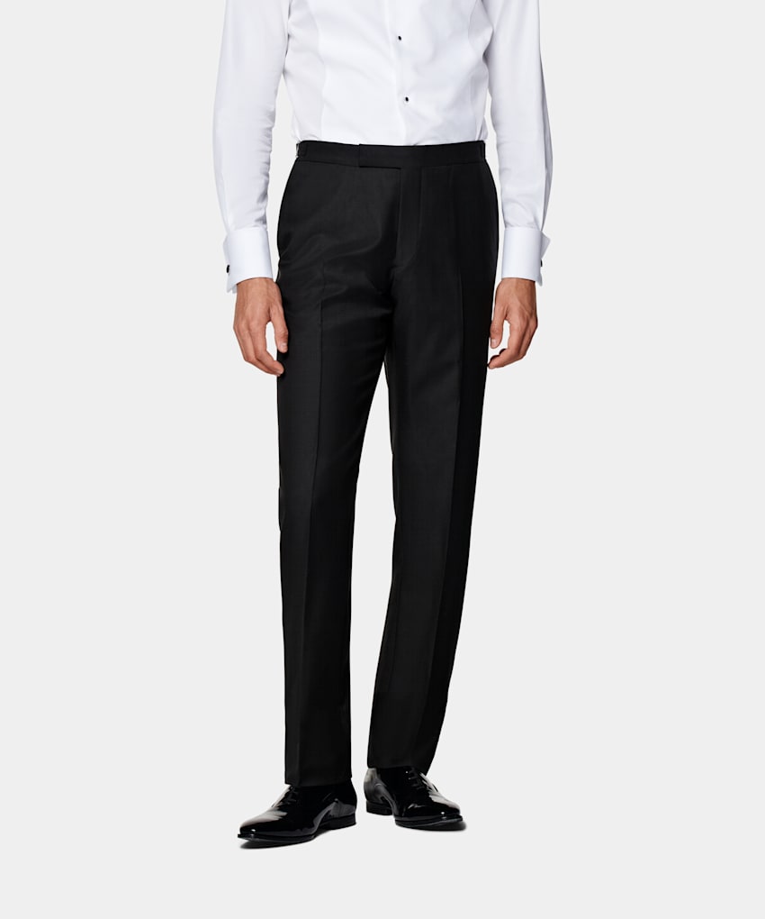 SUITSUPPLY All Season Pure S110's Wool by Vitale Barberis Canonico, Italy  Black Slim Leg Straight Tuxedo Pants