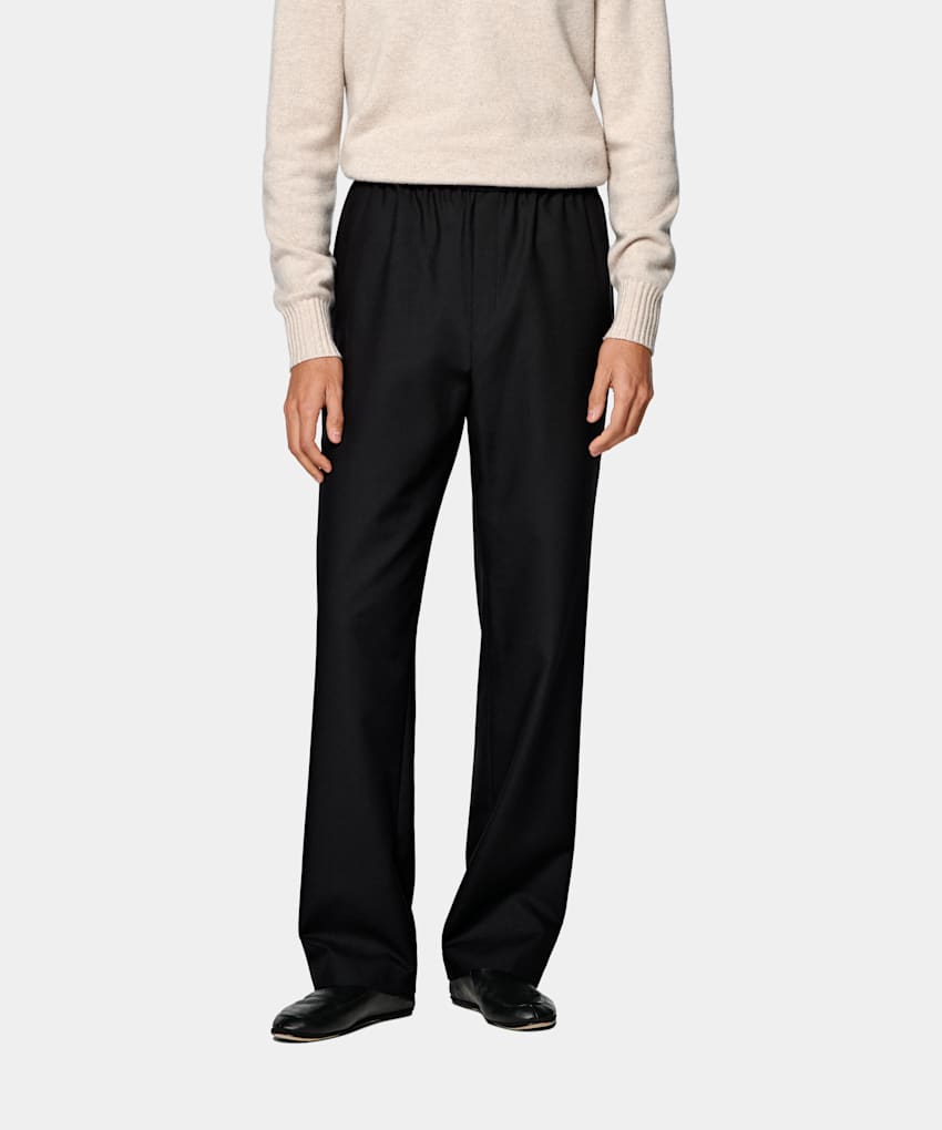 Black Wide Leg Straight Trousers in Wrinkle-Free Wool