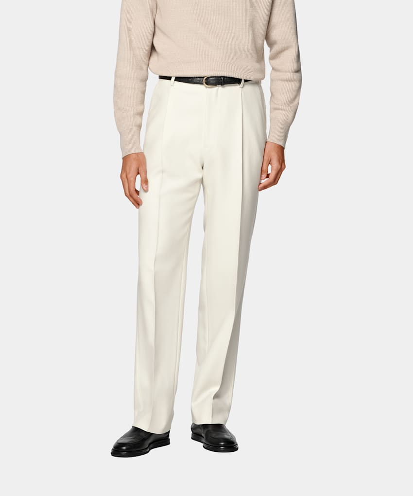 SUITSUPPLY All Season Pure Wool by Di Sondrio, Italy Off-White Wide Leg Straight Trousers