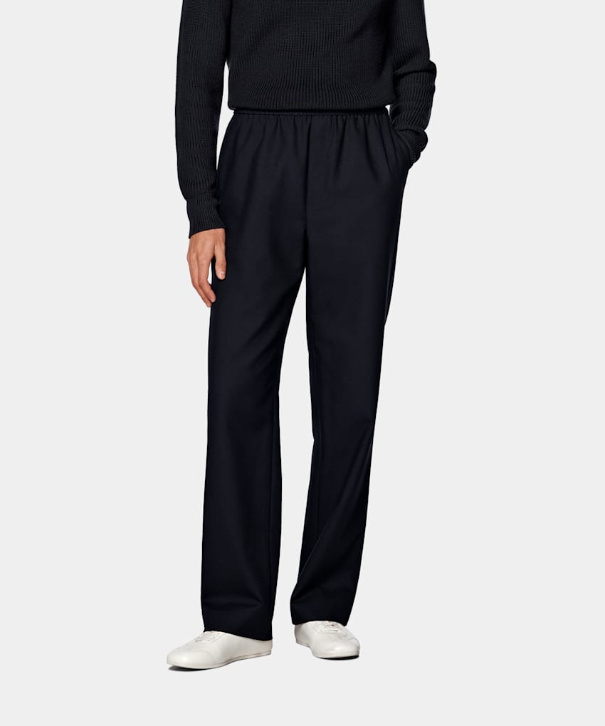Navy Wide Leg Straight Pants in Wrinkle-Free Wool | SUITSUPPLY