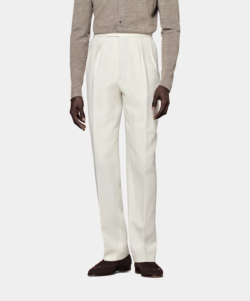 SUITSUPPLY Pure 4-Ply Traveller Wool by Rogna, Italy Off-White Pleated Mira Trousers