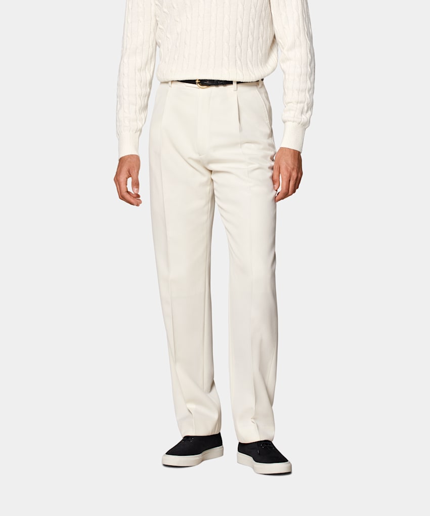 SUITSUPPLY All Season Pure Wool by Rogna, Italy Off-White Wide Leg Straight Trousers