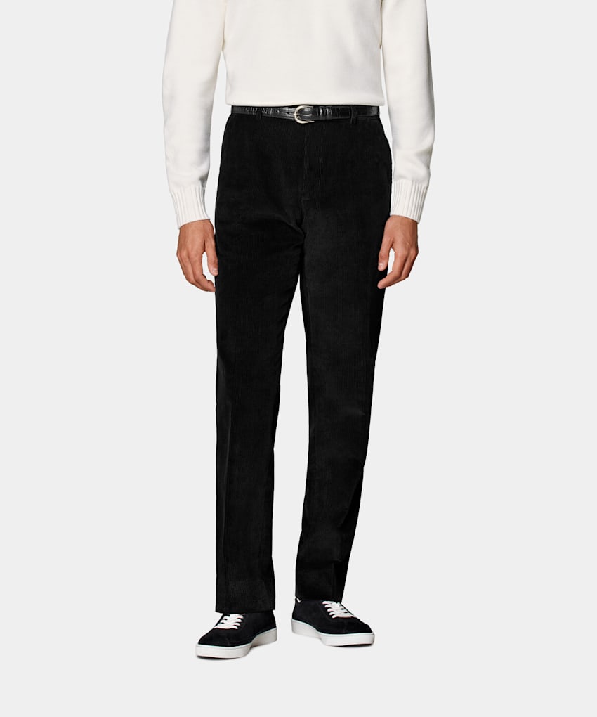 SUITSUPPLY Winter Pure Cotton Corduroy by Pontoglio, Italy Black Straight Leg Trousers