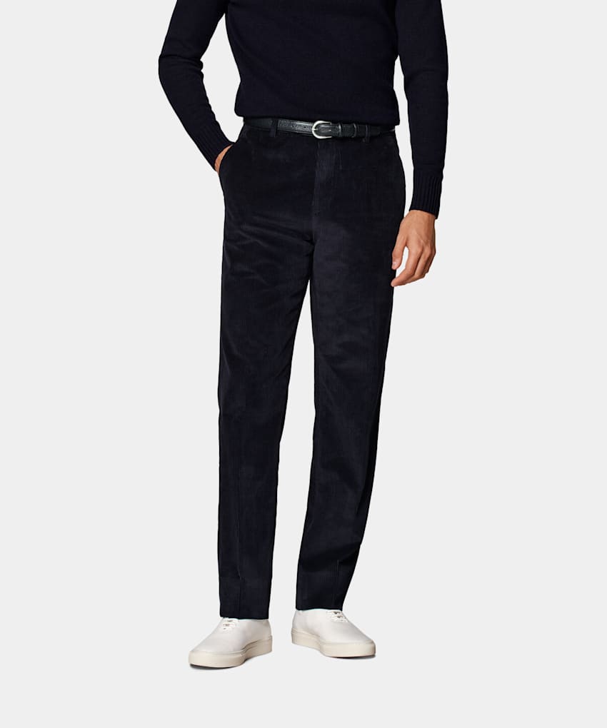 SUITSUPPLY Winter Pure Cotton Corduroy by Pontoglio, Italy Navy Straight Leg Trousers