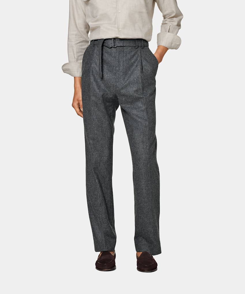 SUITSUPPLY Circular Wool Flannel by Vitale Barberis Canonico, Italy Mid Grey Belted Sortino Trousers