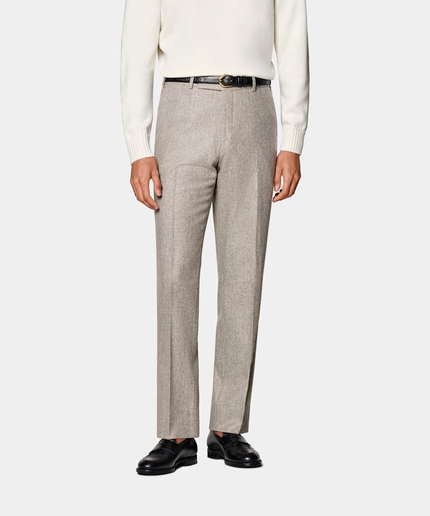 SUITSUPPLY Winter Circular Wool Flannel by Vitale Barberis Canonico, Italy Taupe Straight Leg Trousers