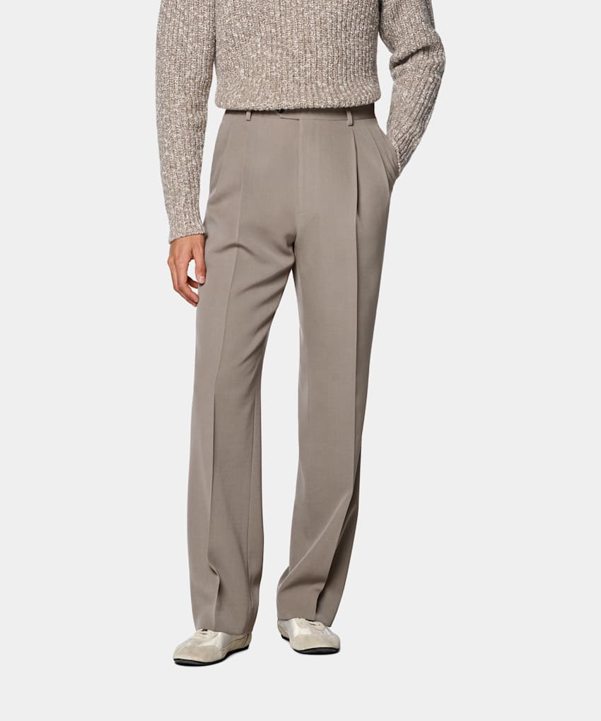 SUITSUPPLY All Season Wrinkle-Free 4-Ply Wool by Rogna, Italy Mid Taupe Wide Leg Suit Trousers