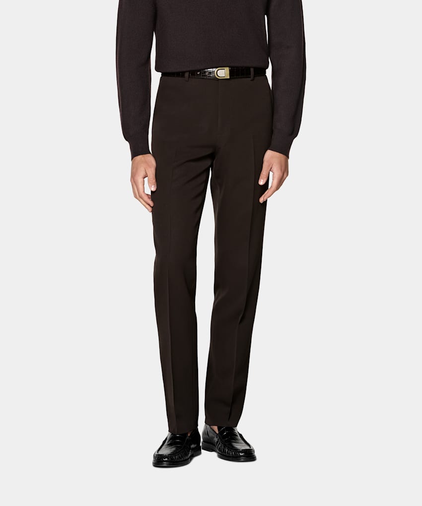 SUITSUPPLY All Season Wrinkle-Free 4-Ply Wool by Rogna, Italy Dark Brown Straight Leg Suit Trousers