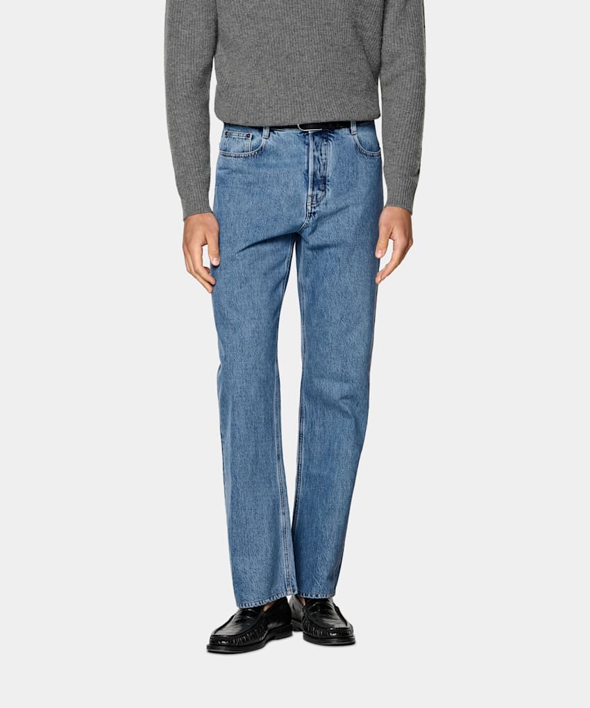 SUITSUPPLY All Season Selvedge Denim by Candiani, Italy Mid Blue Straight Leg Jeans