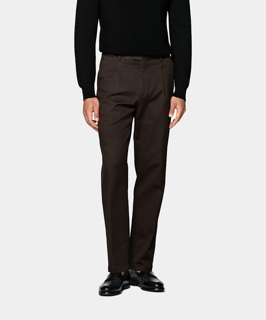 SUITSUPPLY All Season Stretch Cotton by Cervotessile, Italy Dark Brown Wide Leg Tapered Chinos