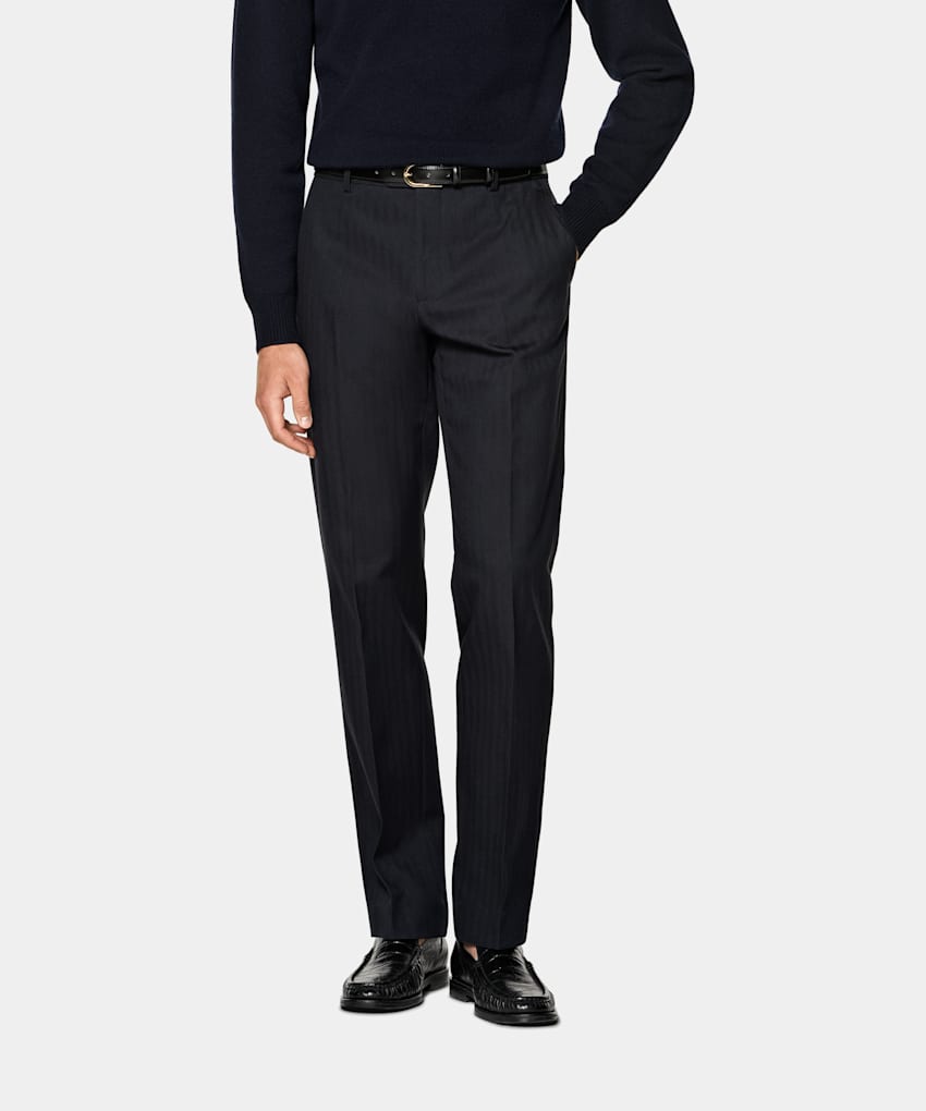 SUITSUPPLY All Season Stretch Wool Cotton by Di Sondrio, Italy Navy Herringbone Straight Leg Trousers