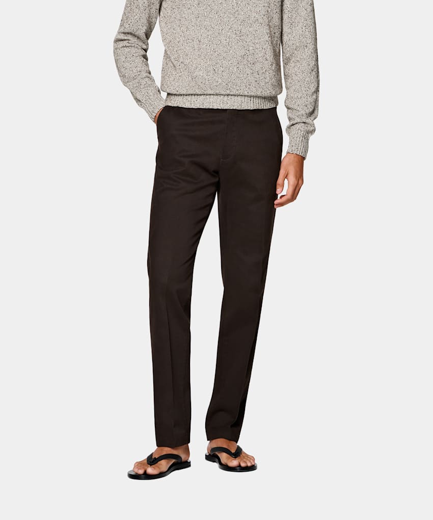 SUITSUPPLY All Season Stretch Cotton by Cervotessile, Italy Dark Brown Slim Leg Straight Chinos