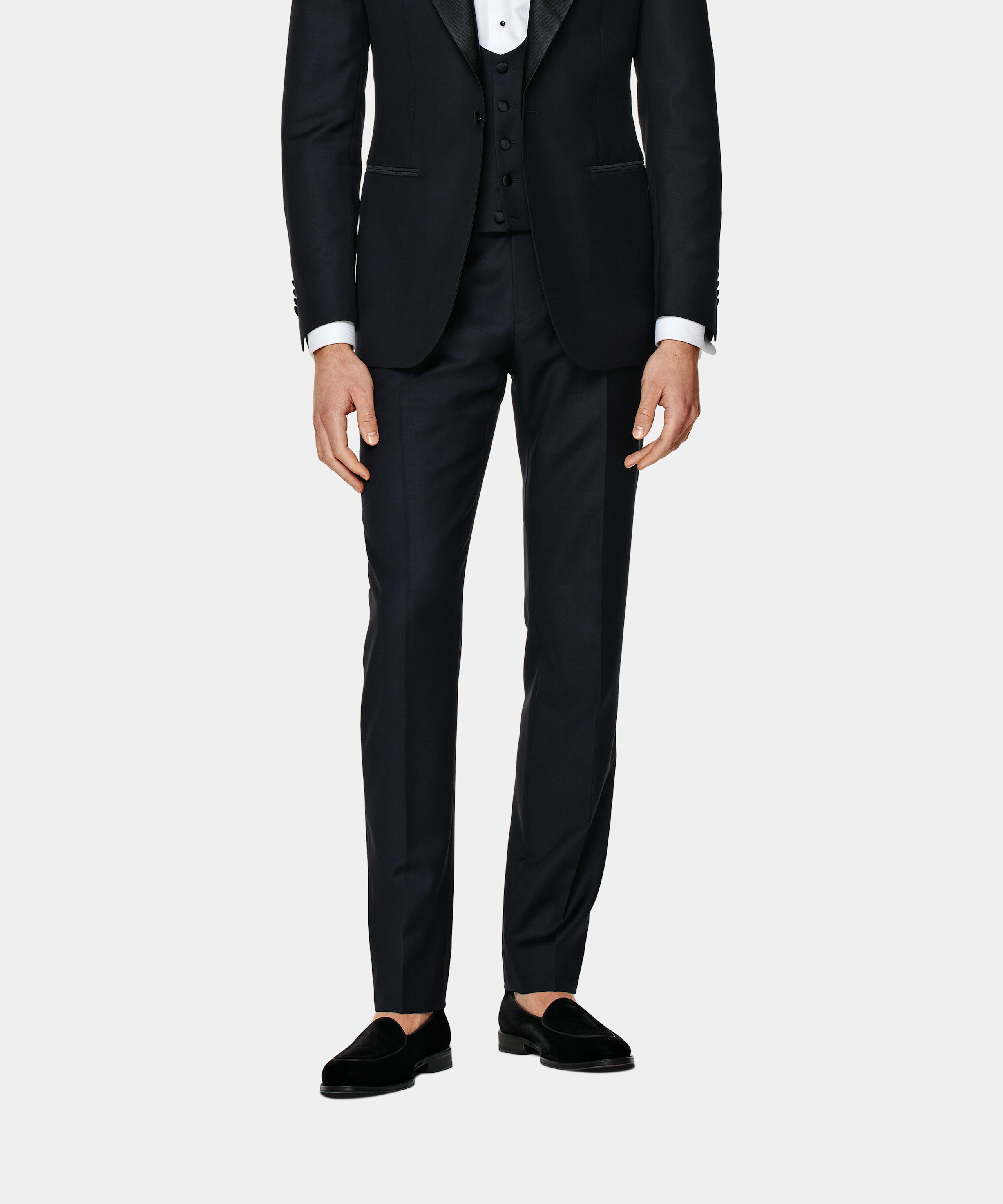 SUITSUPPLY All Season Pure S110's Wool by Vitale Barberis Canonico, Italy Navy Slim Leg Straight Tuxedo Trousers