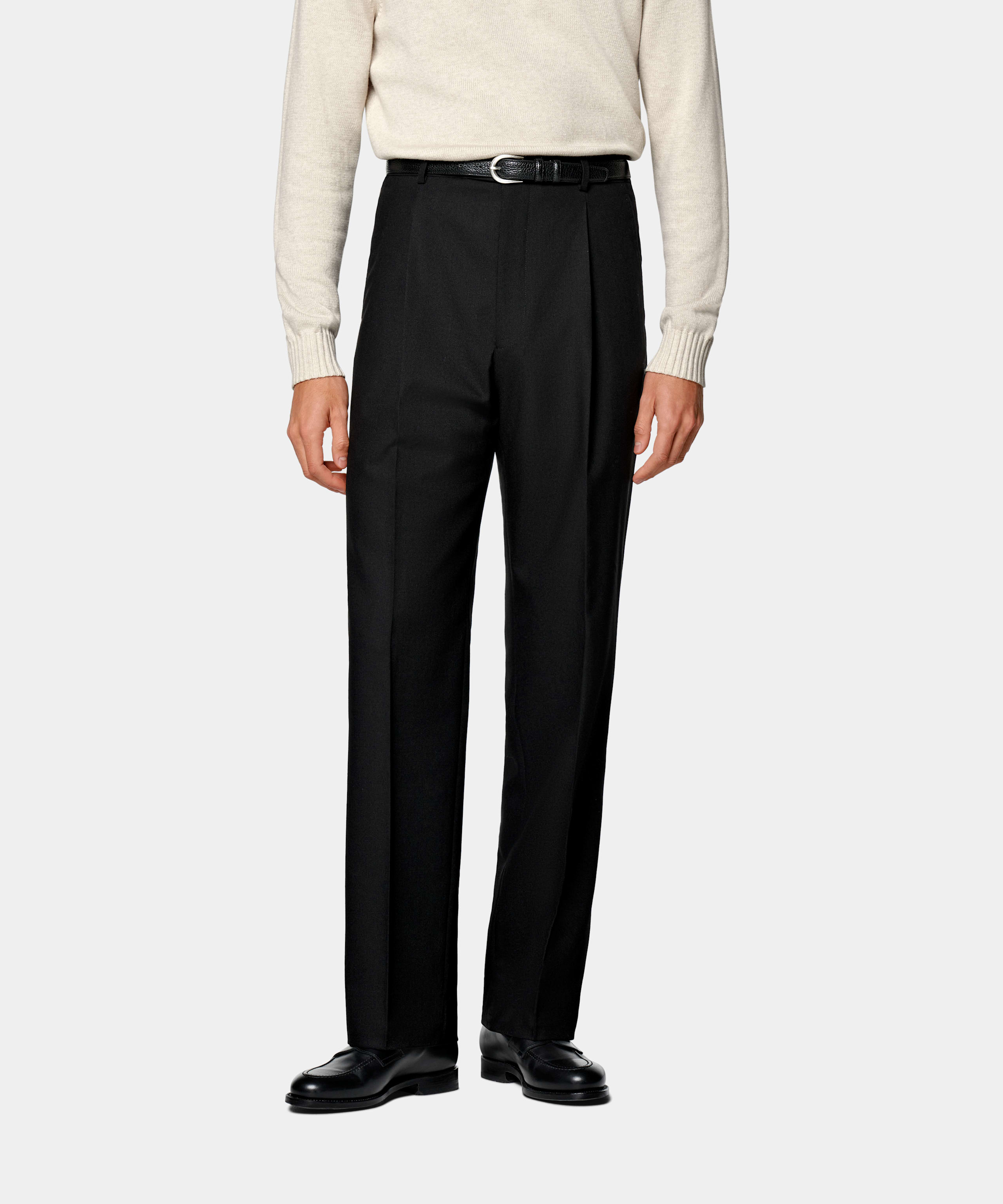 SUITSUPPLY All Season Wrinkle-Free 4-Ply Wool by Rogna, Italy Black Wide Leg Straight Trousers