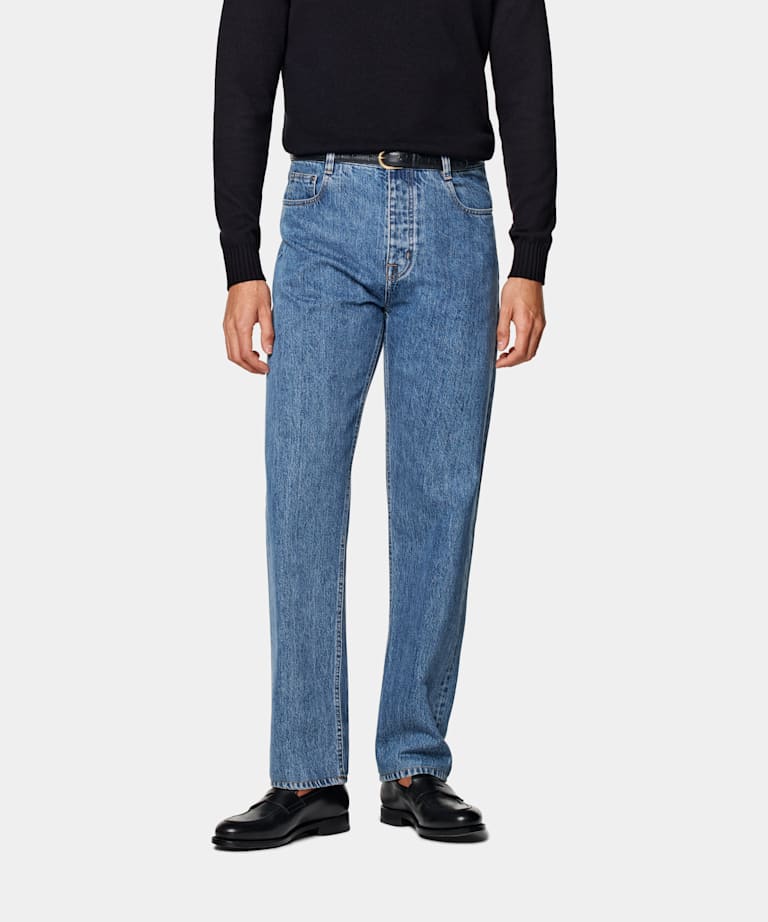 SUITSUPPLY All Season Selvedge Denim by Candiani, Italy Mid Blue Straight Leg Jeans