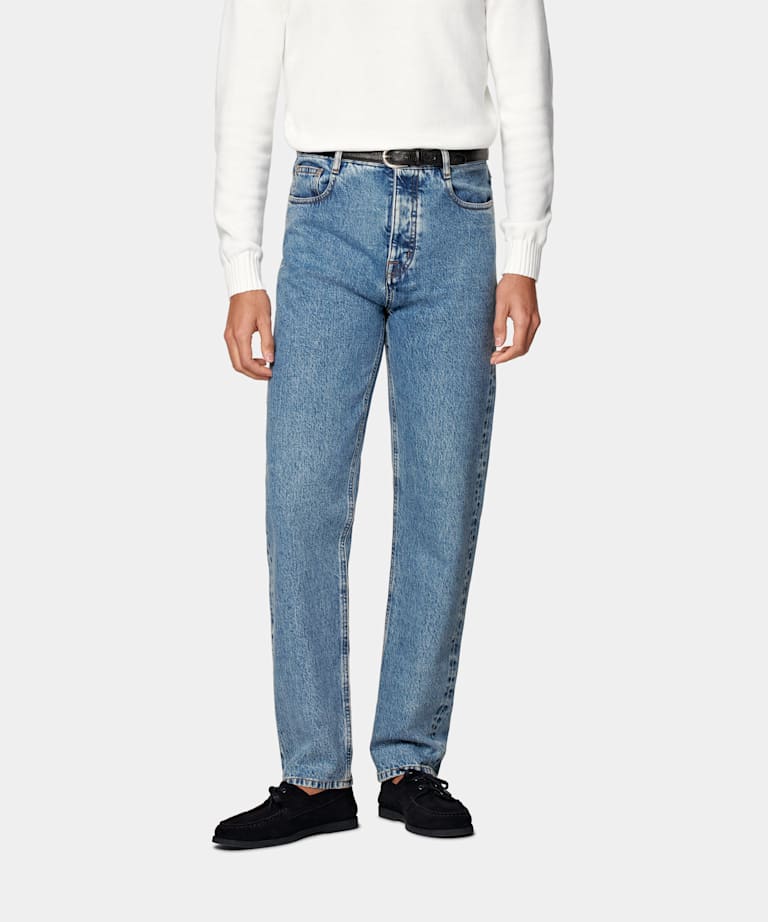 SUITSUPPLY All Season Selvedge Denim by Candiani, Italy Mid Blue Washed Straight Leg Jeans