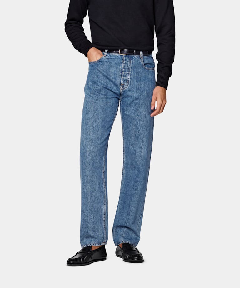 Mid Blue Straight Leg Tapered Jeans