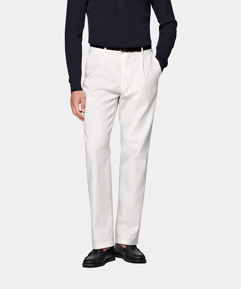 SUITSUPPLY All Season Stretch Cotton by Cervotessile, Italy Off-White Wide Leg Tapered Chinos