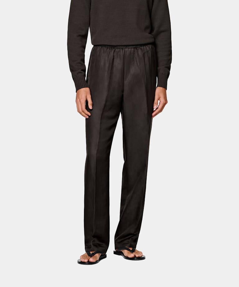 SUITSUPPLY Summer Linen Silk by Beste, Italy Dark Brown Wide Leg Straight Trousers
