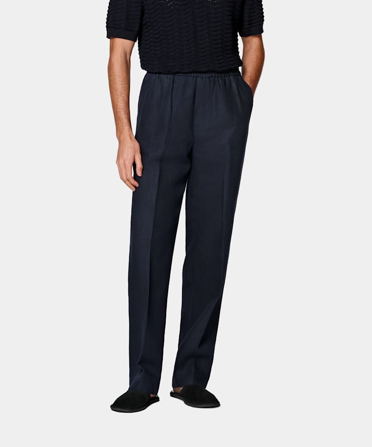 Navy Wide Leg Straight Trousers