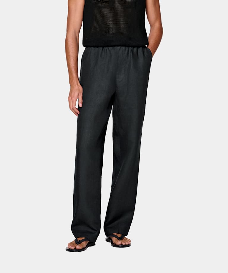 SUITSUPPLY Summer Pure Linen par Di Sondrio, Italie Black Wide Leg Straight Trousers