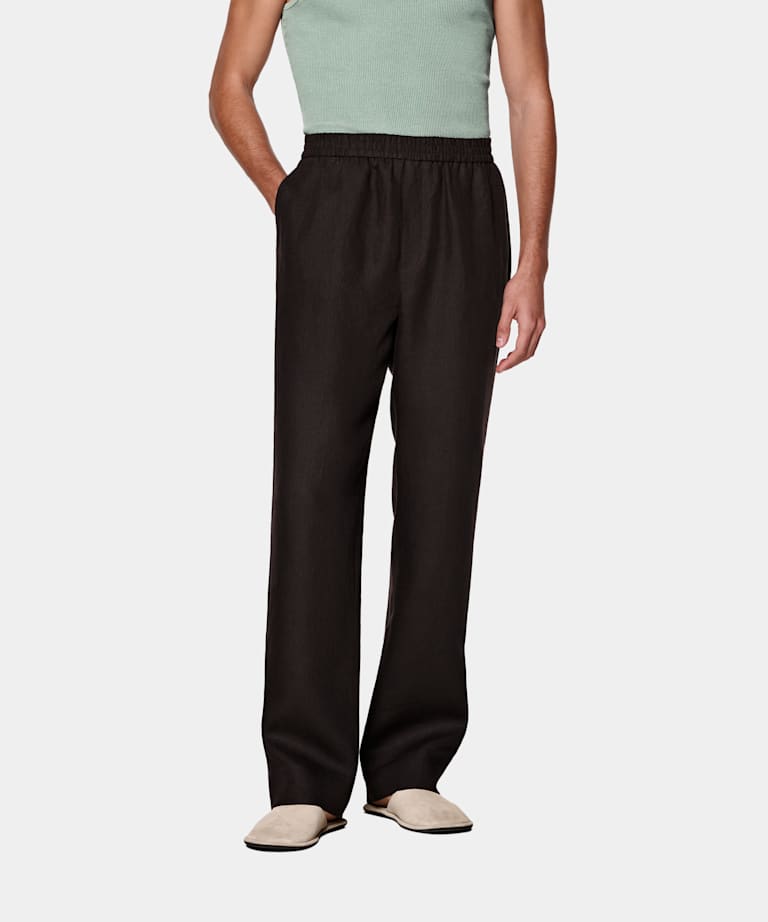 SUITSUPPLY Summer Pure Linen de Di Sondrio, Italia Dark Brown Wide Leg Straight Trousers