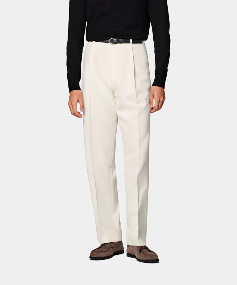 SUITSUPPLY All Season Pure Wool by Rogna, Italy Off-White Wide Leg Straight Trousers