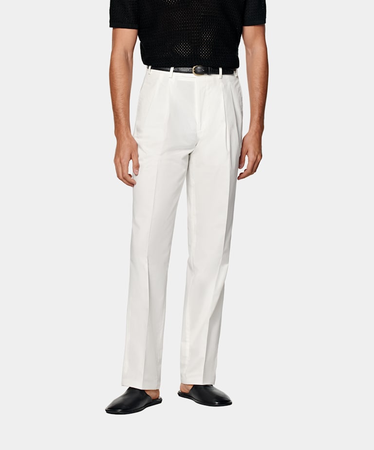 SUITSUPPLY All Season Pure Cotton by Di Sondrio, Italy Off-White Wide Leg Straight Chinos