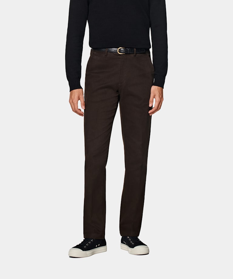 SUITSUPPLY All Season Stretch Cotton by Cervotessile, Italy Dark Brown Slim Leg Straight Chinos