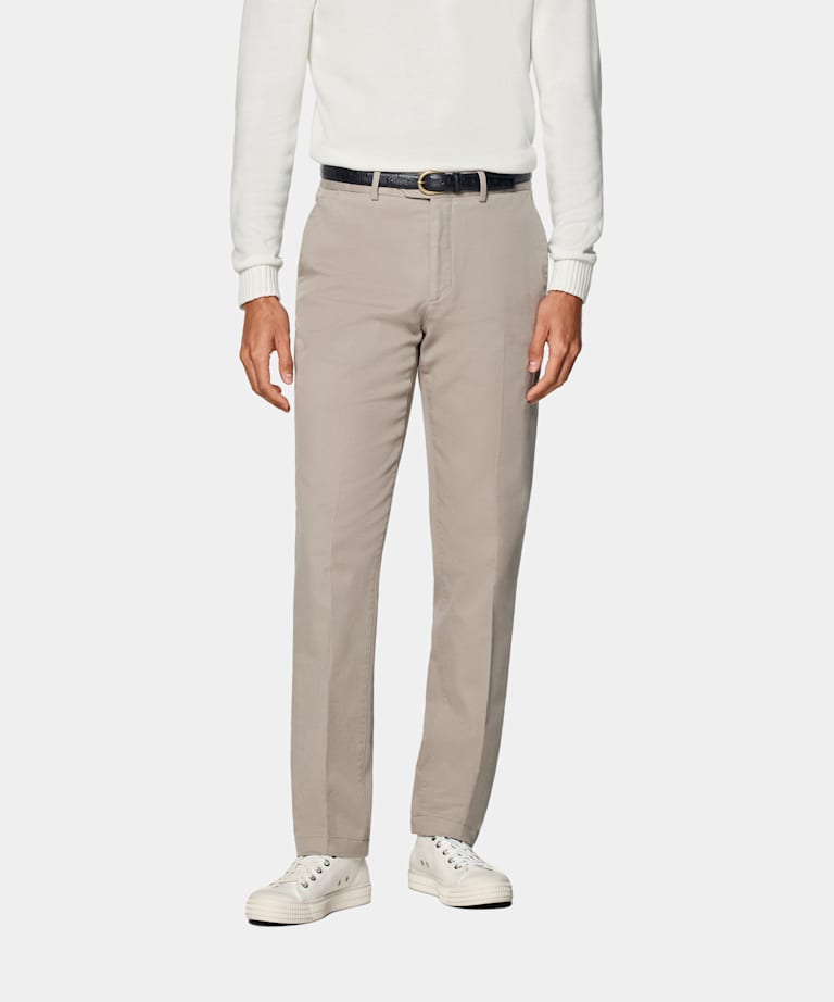 SUITSUPPLY All Season Stretch Cotton by Cervotessile, Italy Taupe Slim Leg Straight Chinos